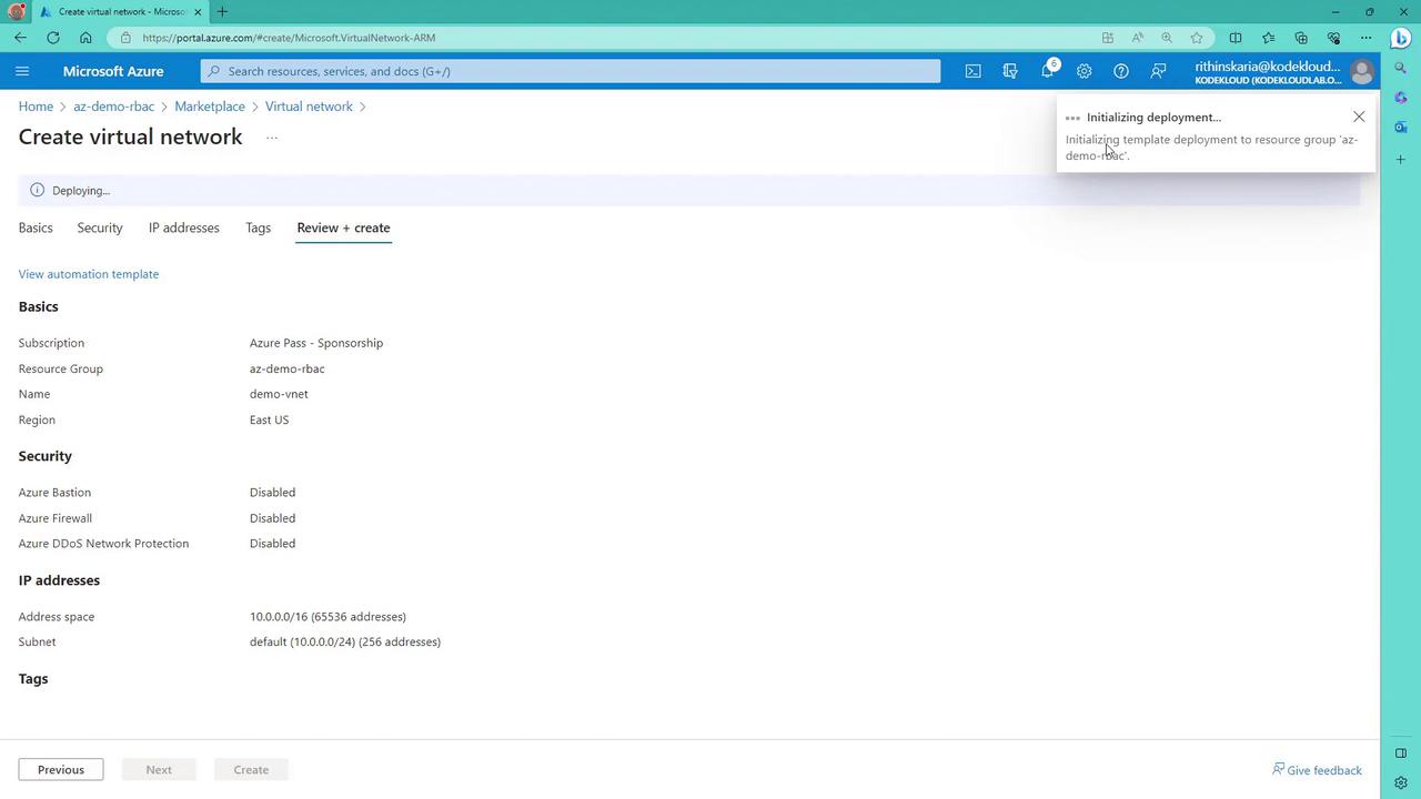 The image shows a Microsoft Azure portal page for creating a virtual network, displaying configuration details such as subscription, resource group, and security settings. A notification indicates that the deployment is being initialized.