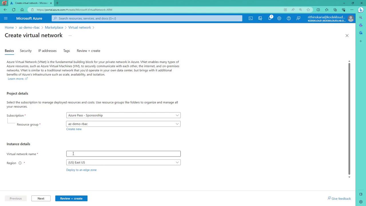 The image shows a Microsoft Azure portal page for creating a virtual network, with fields for project and instance details such as subscription, resource group, virtual network name, and region.