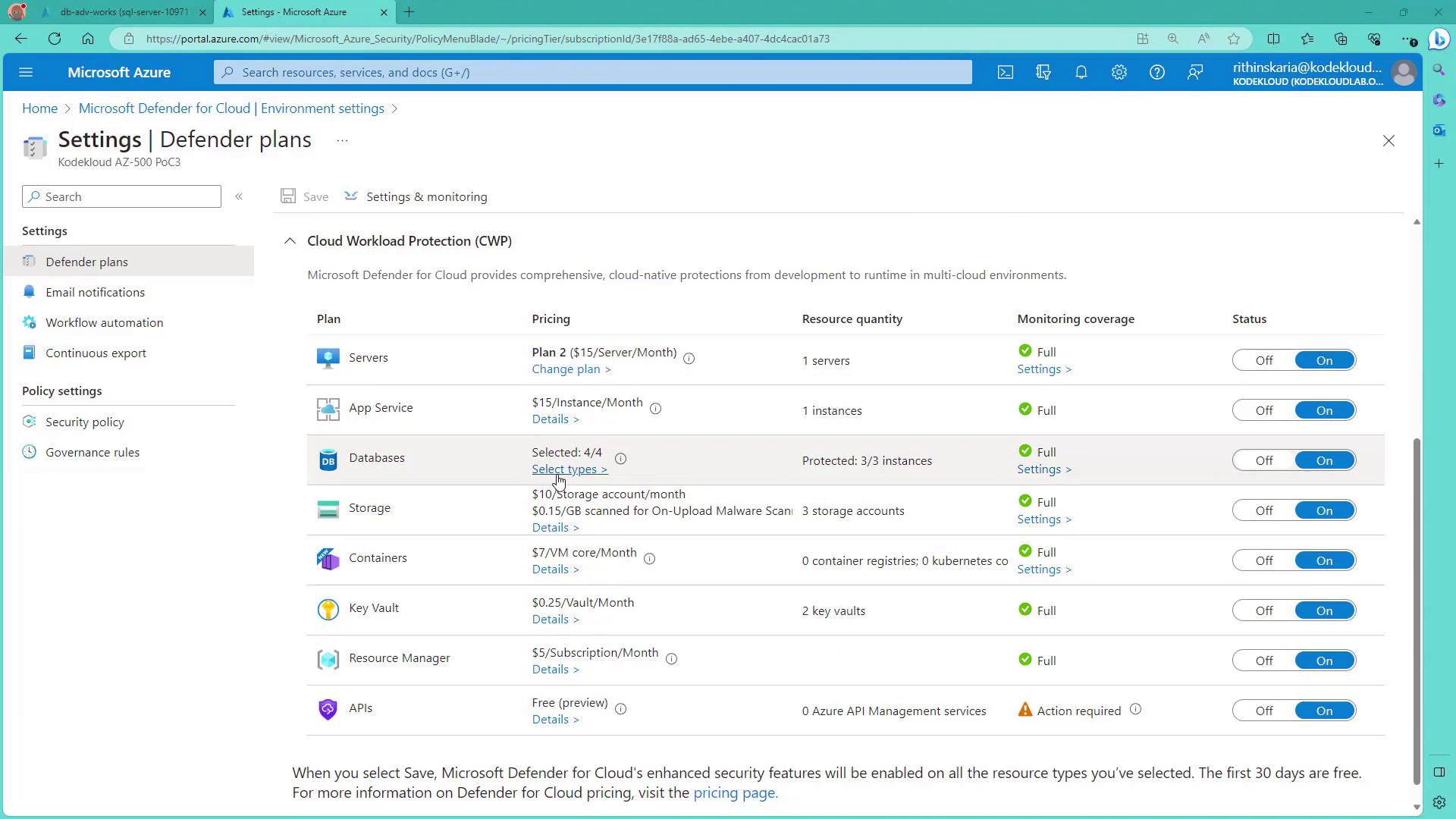 The image shows the Microsoft Azure portal's "Defender plans" settings page, detailing various cloud workload protection plans, their pricing, resource quantities, monitoring coverage, and status options.