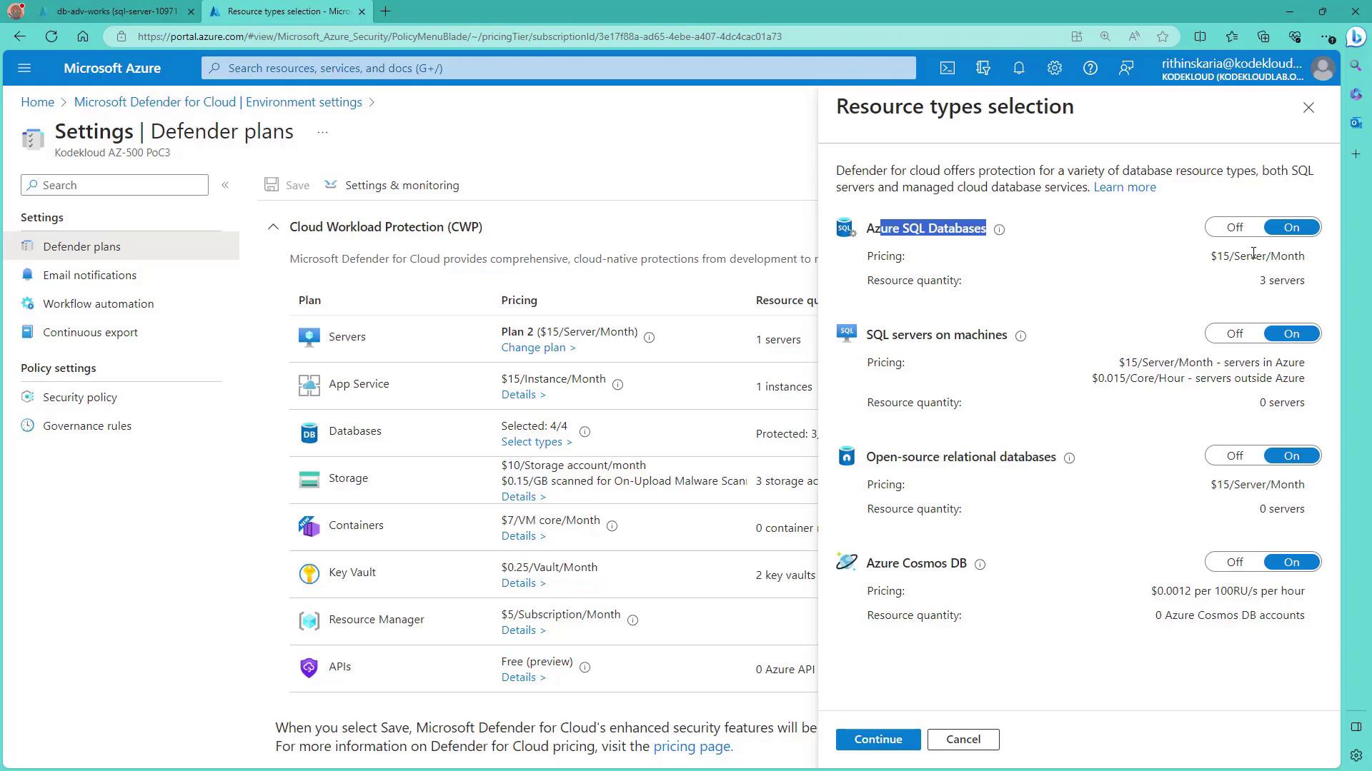 The image shows the Microsoft Azure portal with the "Defender plans" settings for cloud workload protection. It includes pricing and resource quantity details for various services like servers, databases, and storage, with a pop-up for selecting resource types.