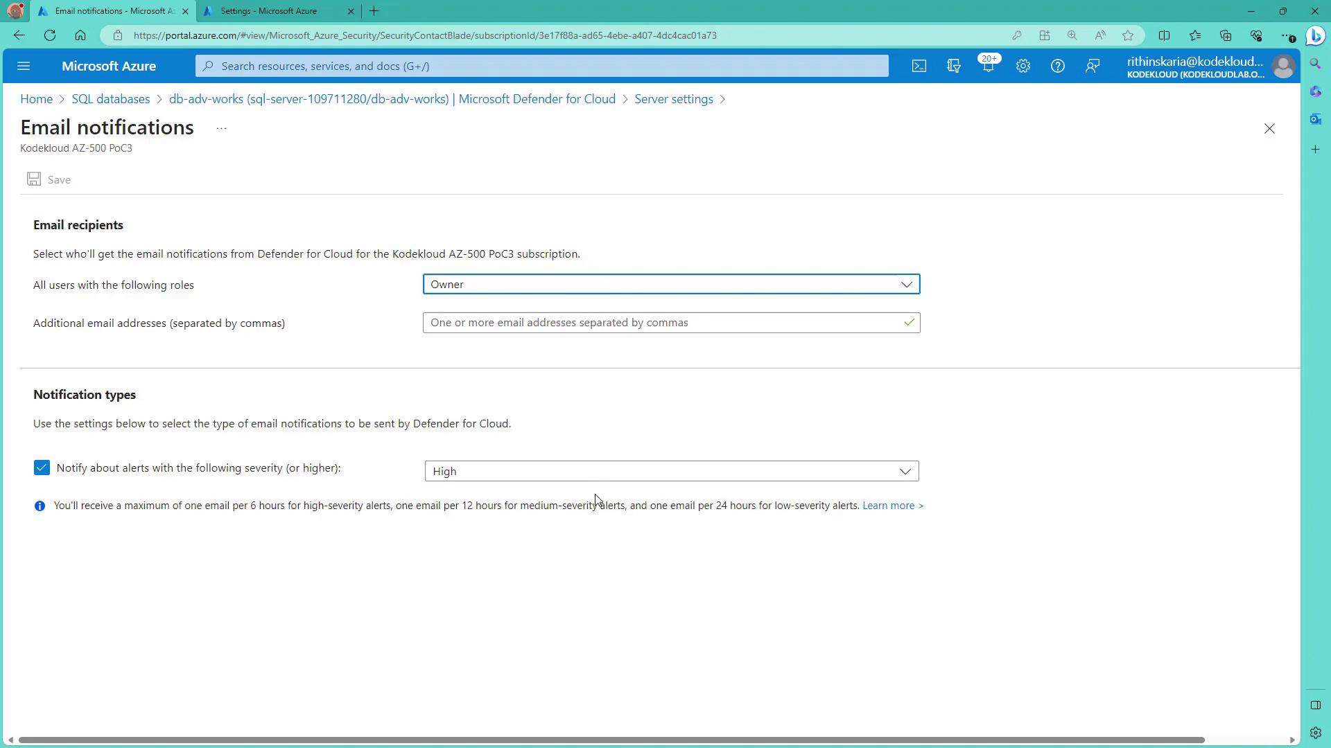 The image shows the Microsoft Azure portal with settings for email notifications in Microsoft Defender for Cloud. It includes options for selecting email recipients and notification types based on alert severity.