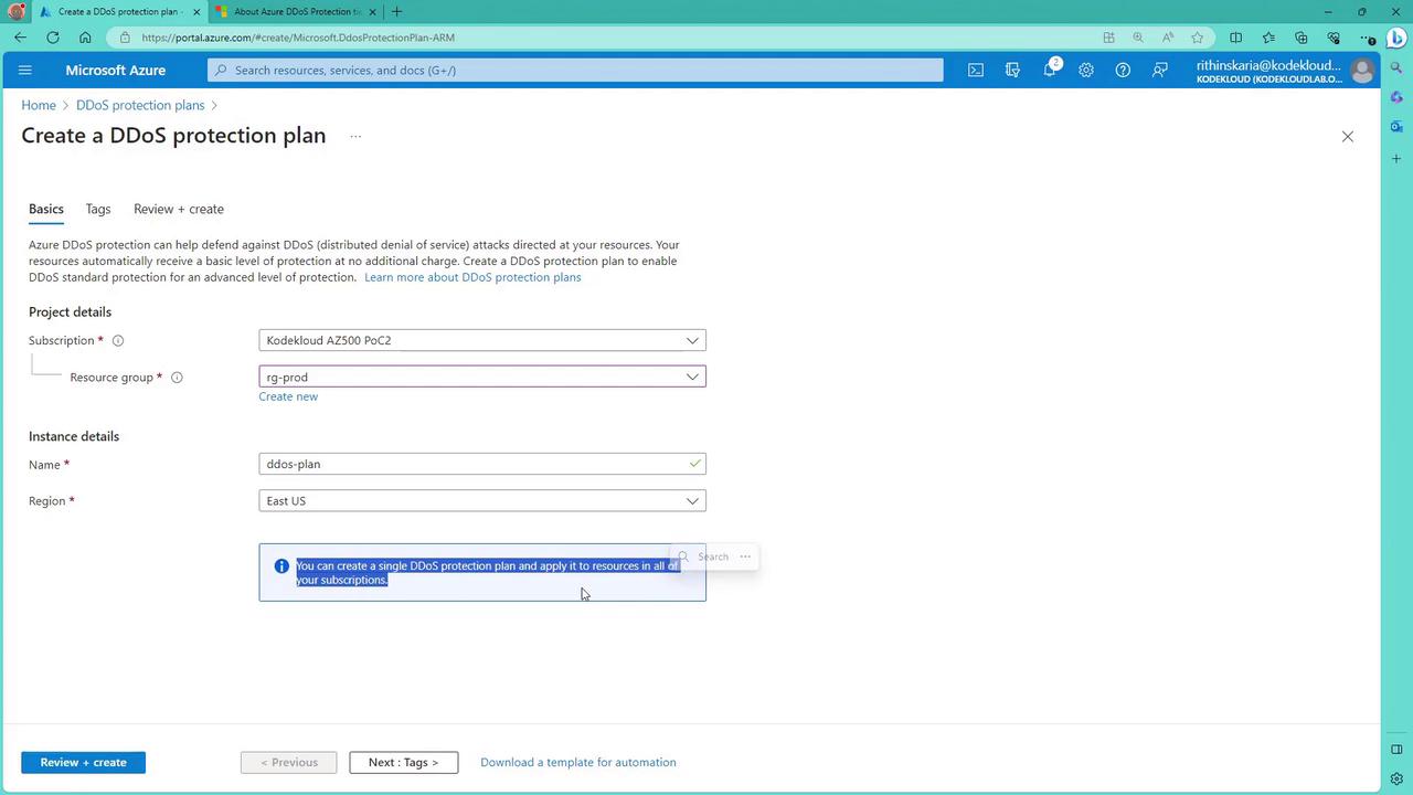 The image shows a Microsoft Azure portal page for creating a DDoS protection plan, with fields for project and instance details.
