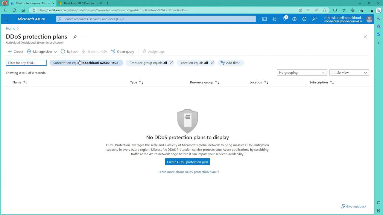 The image shows a Microsoft Azure portal page for DDoS protection plans, indicating that there are no DDoS protection plans currently displayed. There is an option to create a new DDoS protection plan.