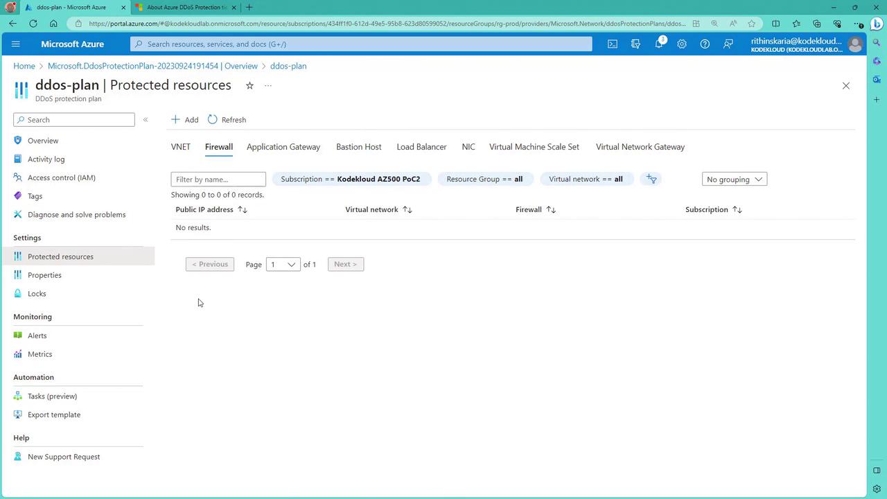 The image shows a Microsoft Azure portal page for managing a DDoS protection plan, specifically the "Protected resources" section, with no resources currently listed.