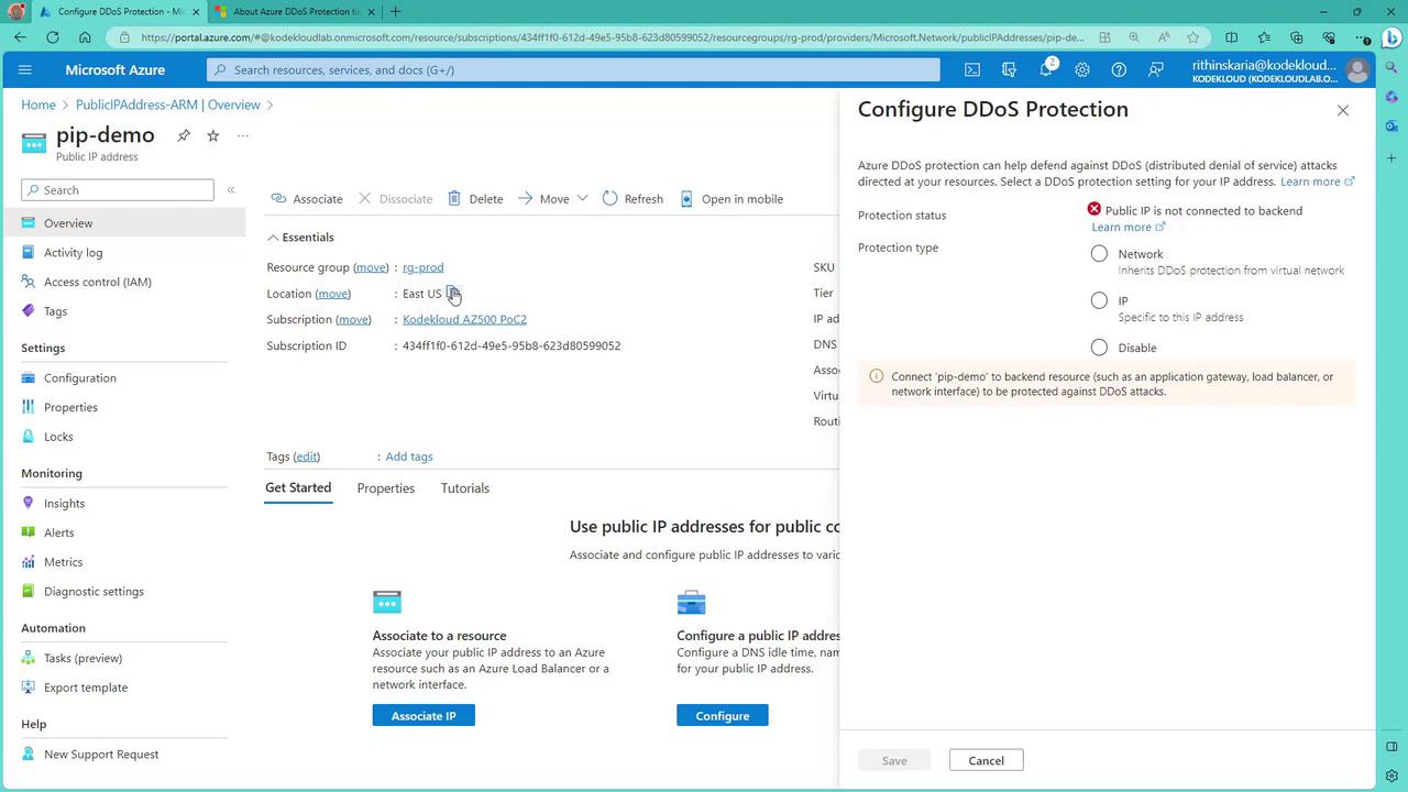 The image shows a Microsoft Azure portal interface for configuring DDoS protection on a public IP address. It includes options for setting the protection status and type, with a warning about connecting the IP to a backend resource.