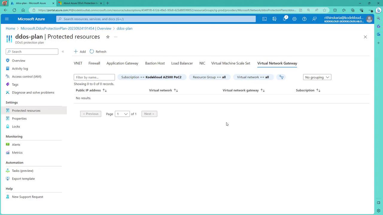 The image shows a Microsoft Azure portal interface displaying a DDoS protection plan overview with no protected resources listed. The sidebar includes options like Overview, Activity log, and Protected resources.