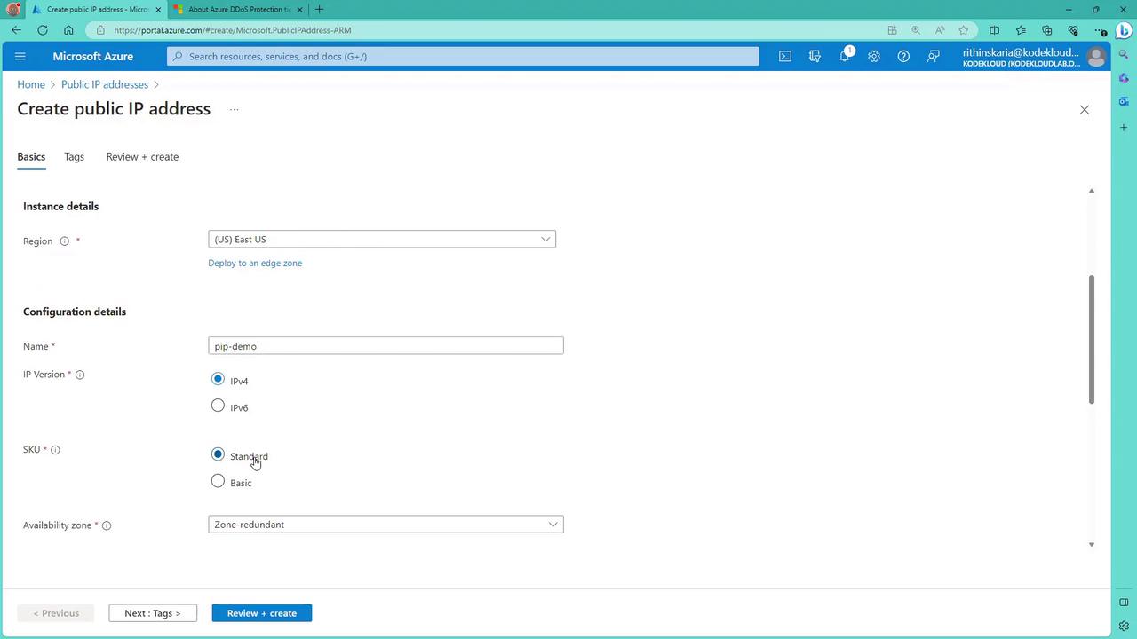 The image shows a Microsoft Azure portal page for creating a public IP address. It includes fields for instance details like region and configuration details such as name, IP version, SKU, and availability zone.