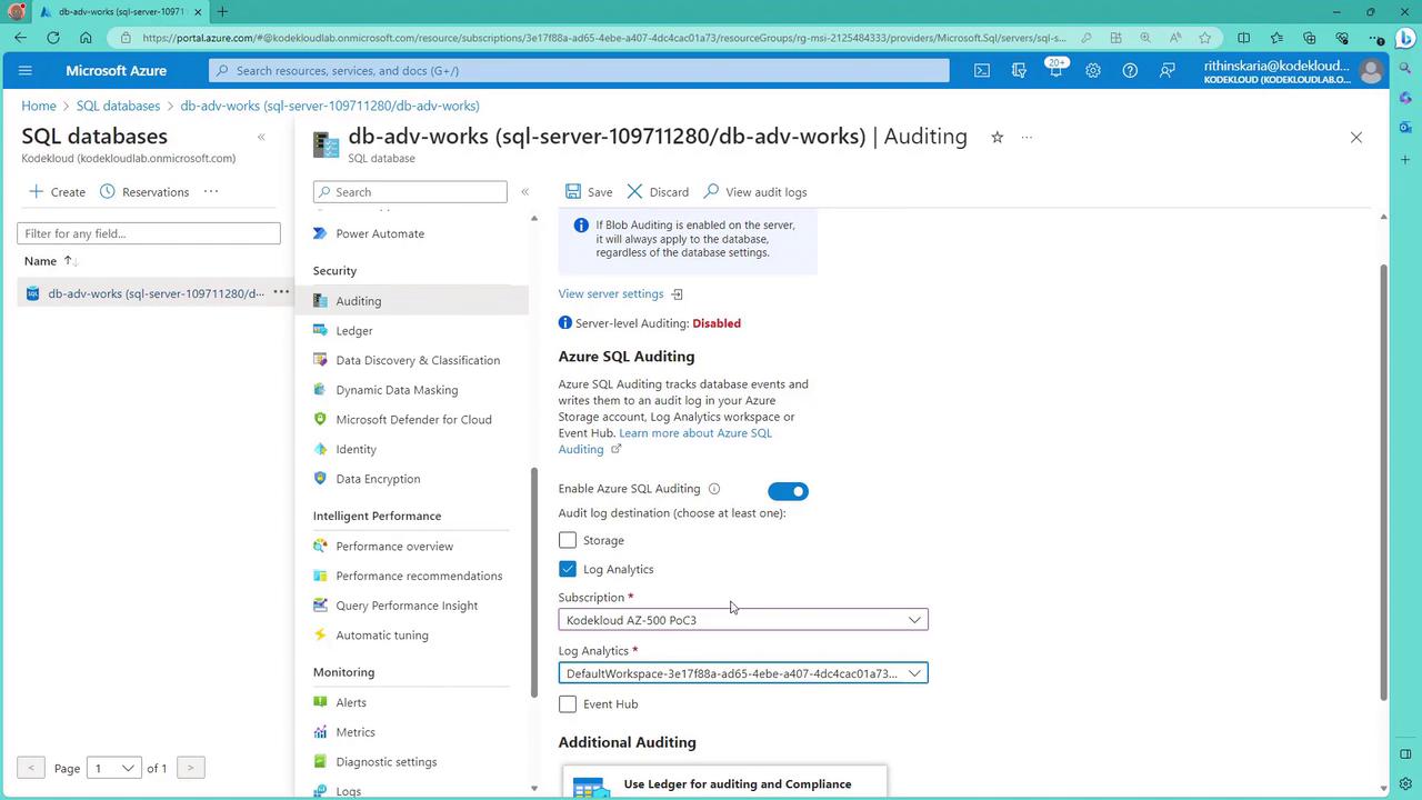 The image shows the Azure portal interface for configuring SQL database auditing settings, with options for enabling Azure SQL Auditing and selecting audit log destinations.