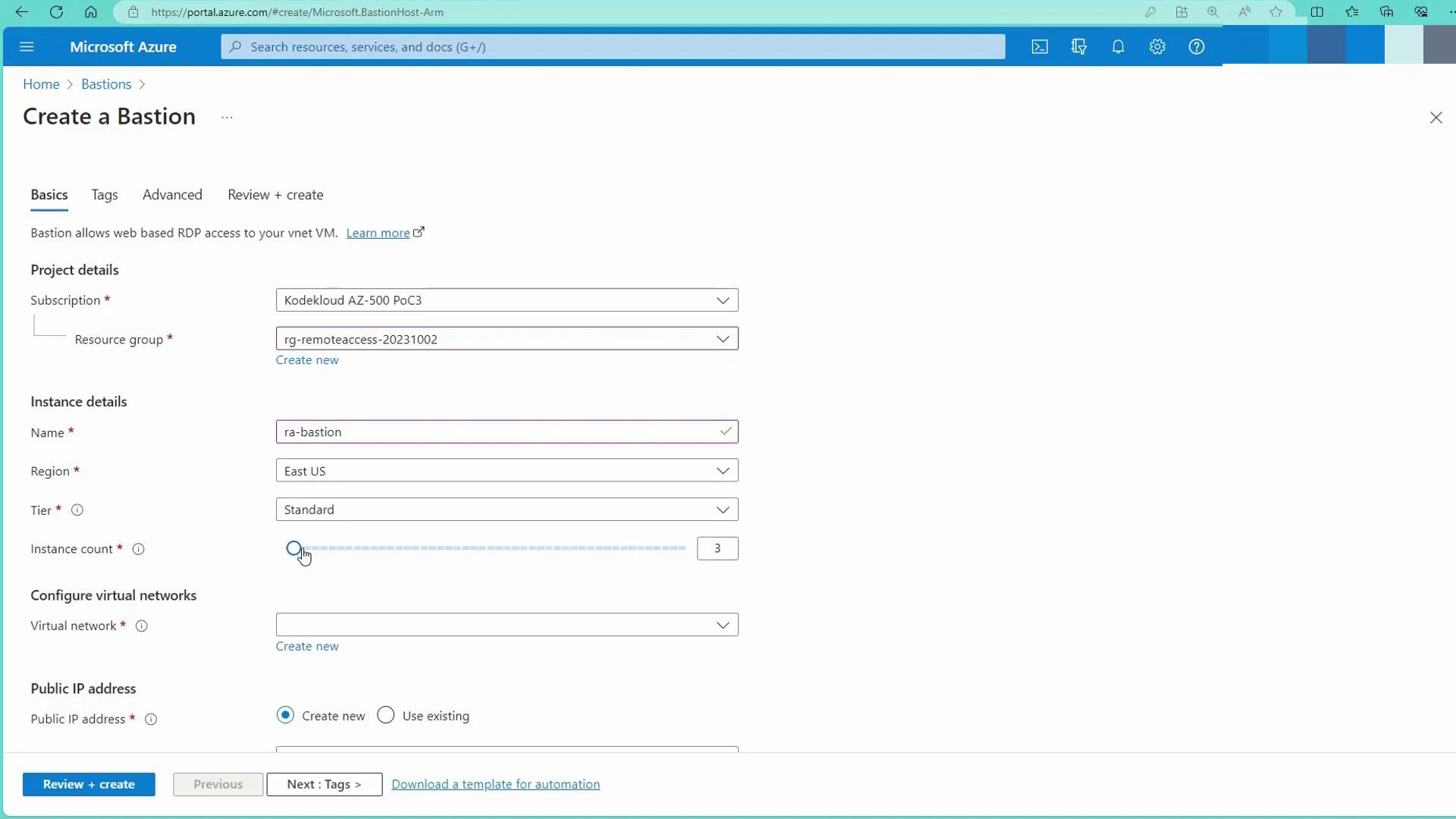 The image shows a Microsoft Azure portal interface for creating a Bastion host, with fields for project and instance details, virtual network configuration, and public IP address settings.