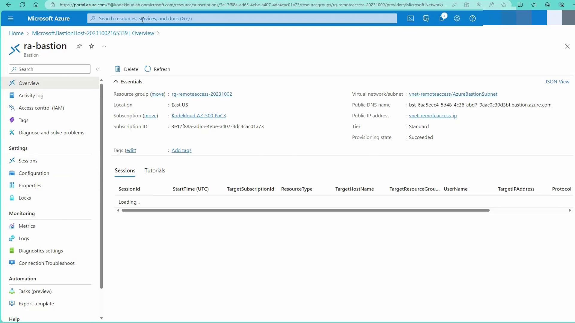 The image shows a Microsoft Azure portal interface displaying details of a Bastion resource named "ra-bastion," including its resource group, location, subscription, and provisioning state.