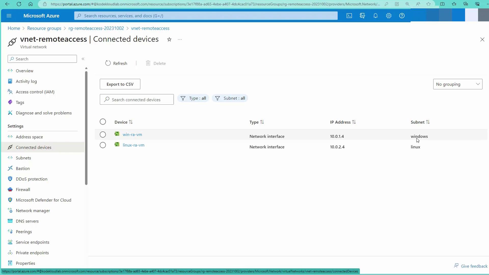 The image shows a Microsoft Azure portal interface displaying connected devices in a virtual network, listing two network interfaces with their IP addresses and subnets.