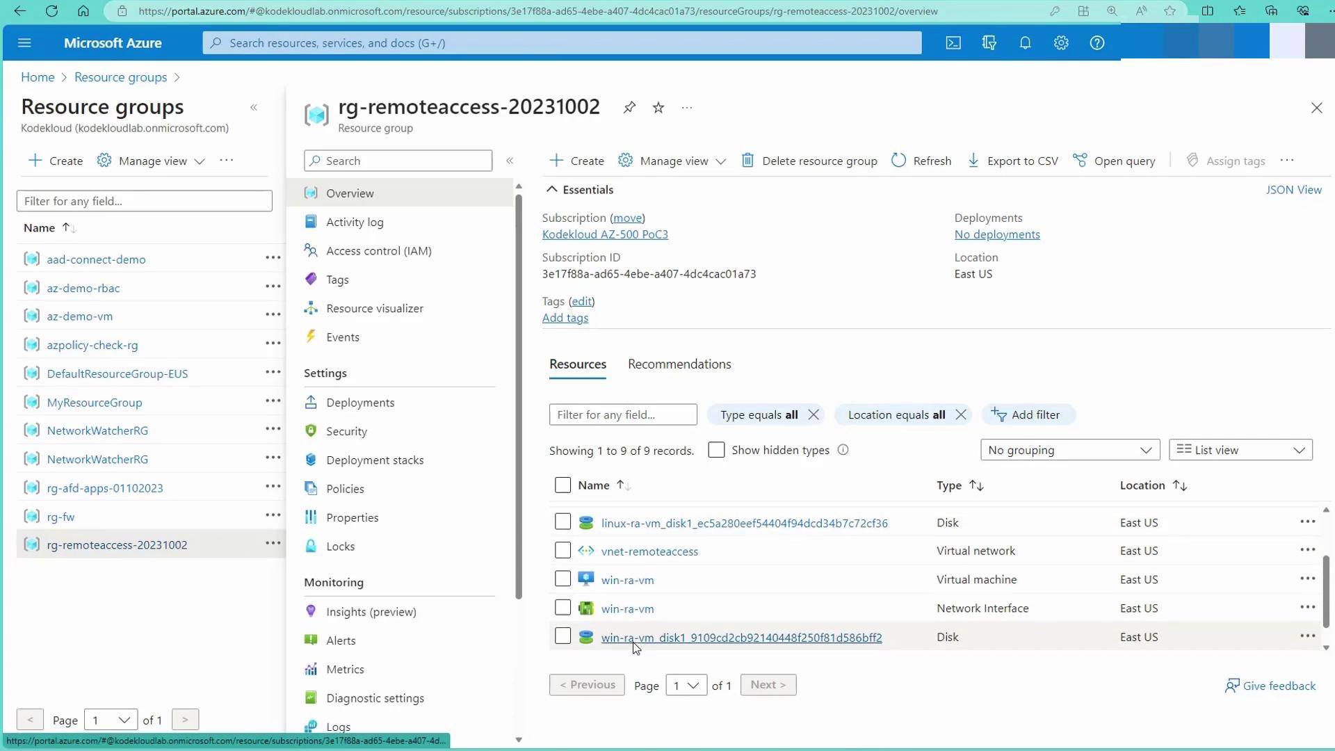 The image shows a Microsoft Azure portal interface displaying a resource group named "rg-remoteaccess-20231002" with various resources listed, including virtual machines and disks, located in the East US region.
