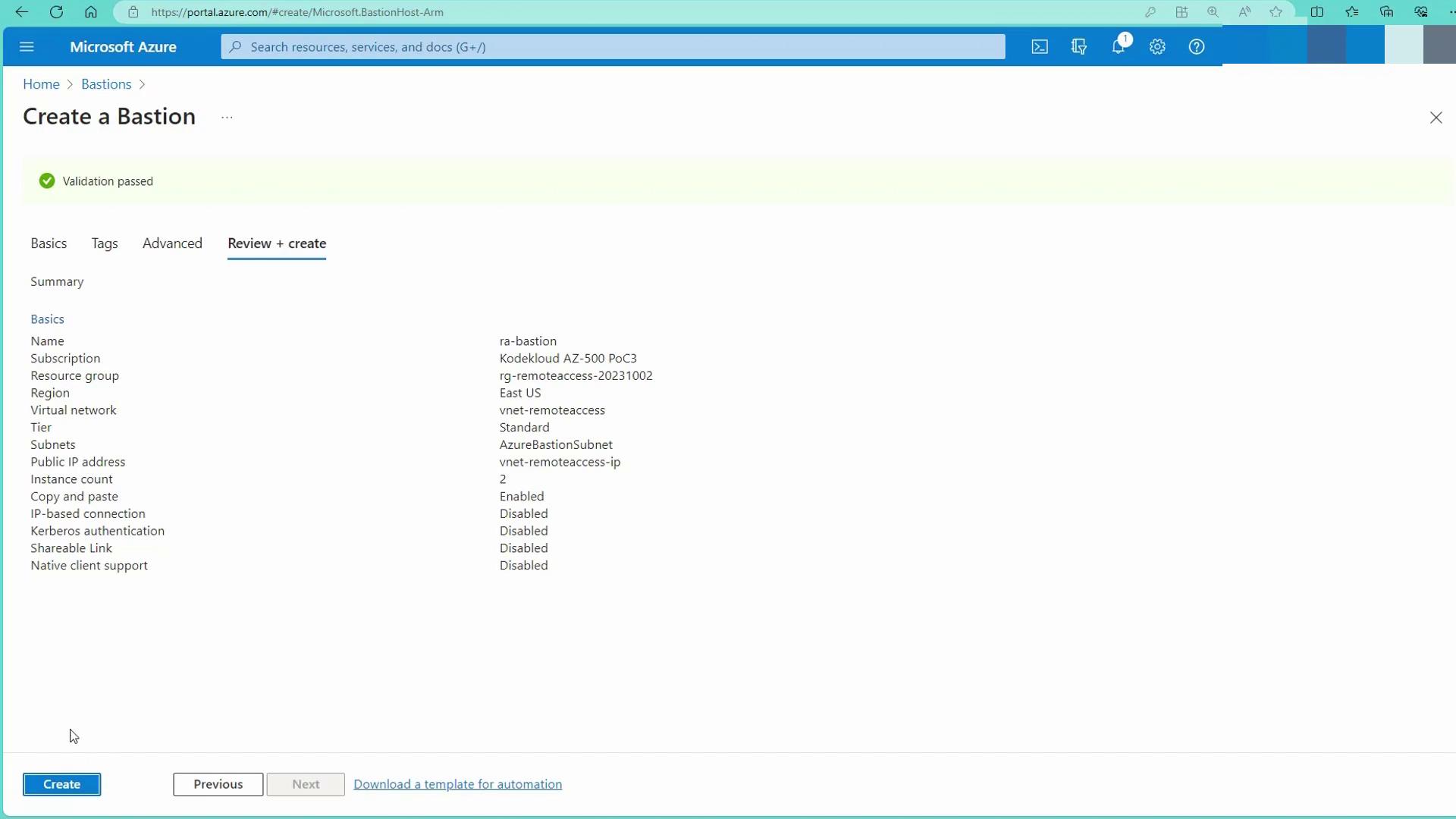 The image shows the "Create a Bastion" page on the Microsoft Azure portal, displaying a summary of settings for a Bastion host configuration.