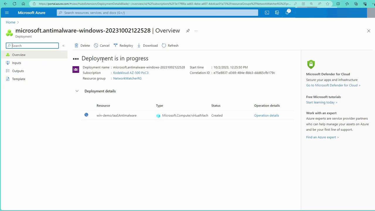 The image shows a Microsoft Azure portal page where a deployment named "microsoft.antimalware-windows-20231002122528" is in progress. It includes details such as the subscription, resource group, and deployment status.