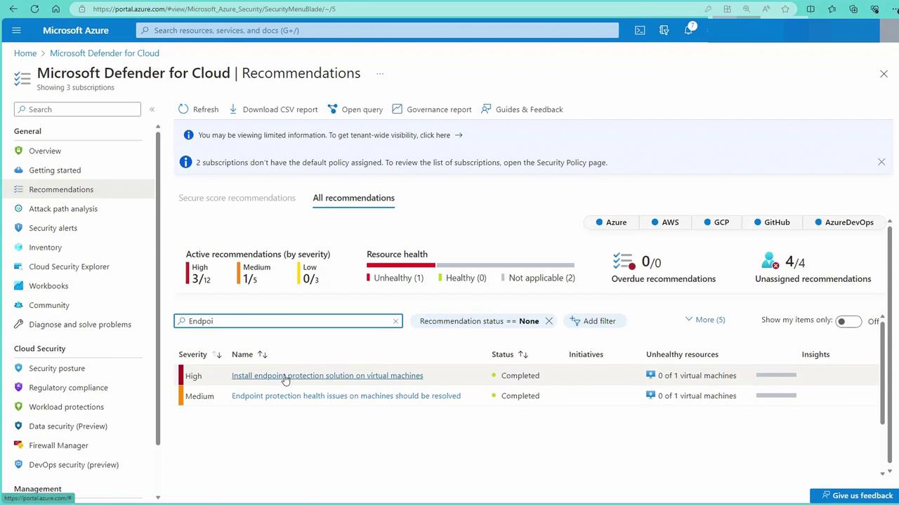 The image shows a Microsoft Azure portal interface displaying security recommendations from Microsoft Defender for Cloud. It includes active recommendations categorized by severity and resource health status.