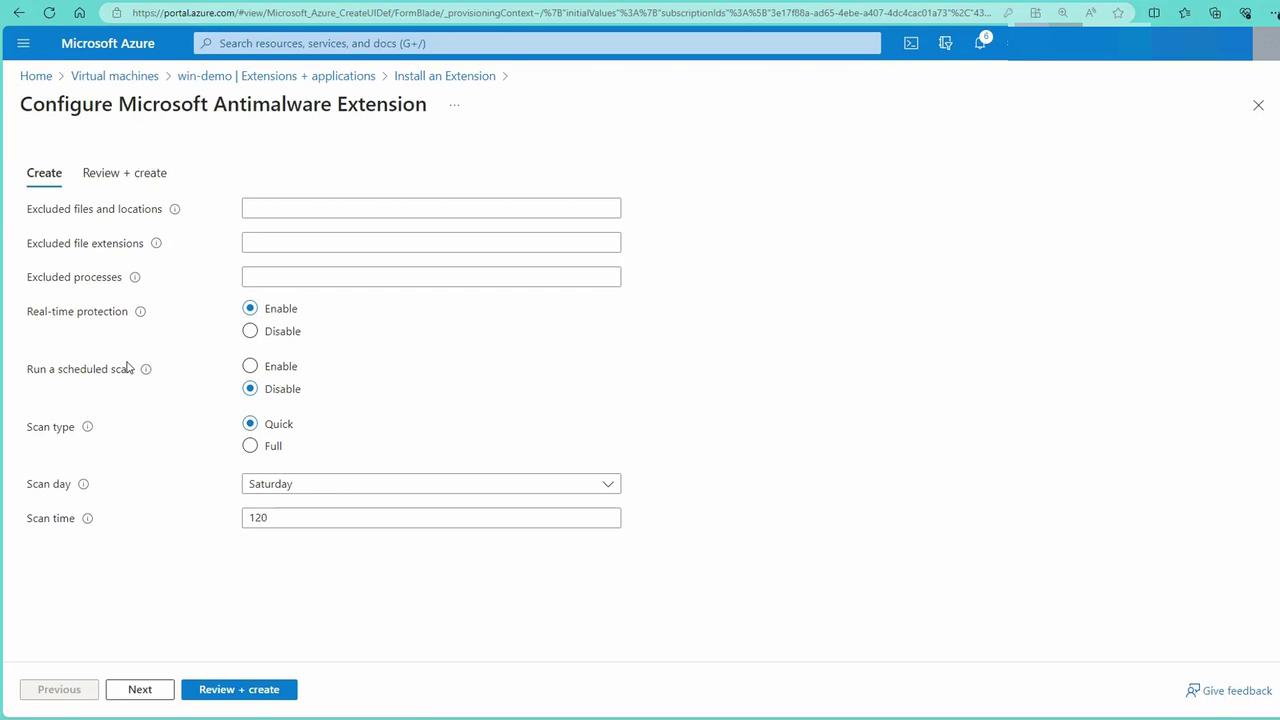 The image shows a configuration page for the Microsoft Antimalware Extension in the Microsoft Azure portal, where users can set exclusions, enable real-time protection, and schedule scans.