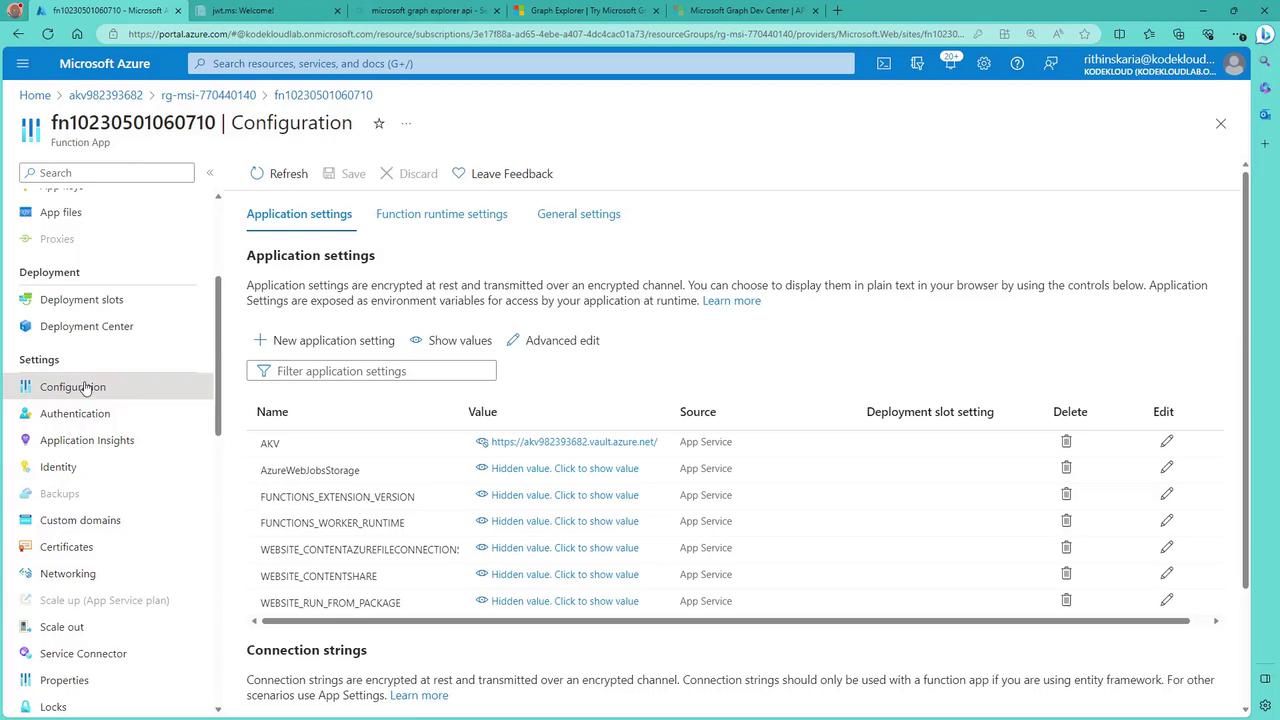 The image shows the configuration settings page of a Microsoft Azure Function App, displaying application settings with options to view, edit, or delete them. The interface includes a sidebar with various settings and deployment options.