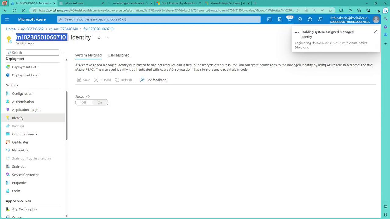 The image shows a Microsoft Azure portal interface, specifically the Identity section for a function app, with options for managing system-assigned identities.
