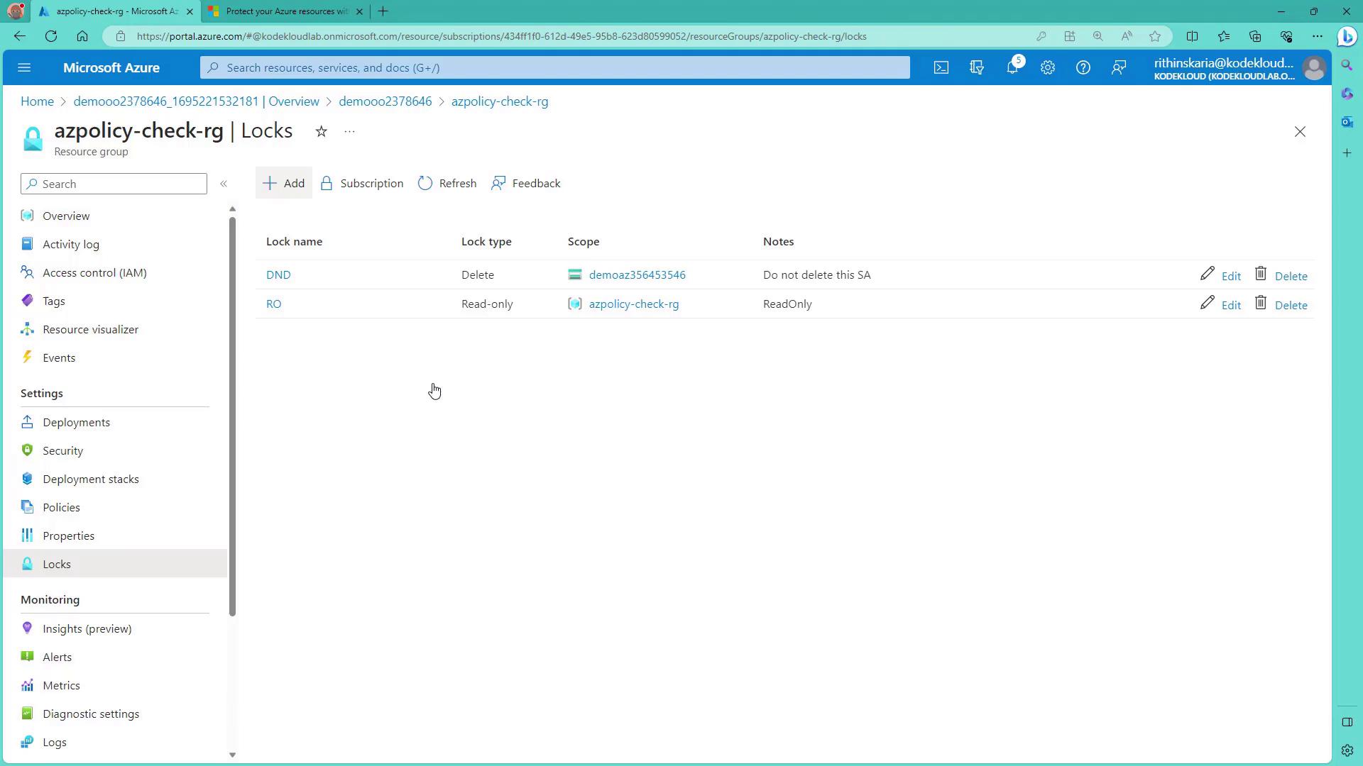 The image shows a Microsoft Azure portal page displaying the "Locks" section for a resource group named "azpolicy-check-rg," with two locks listed: one with a "Delete" lock type and another with a "Read-only" lock type.