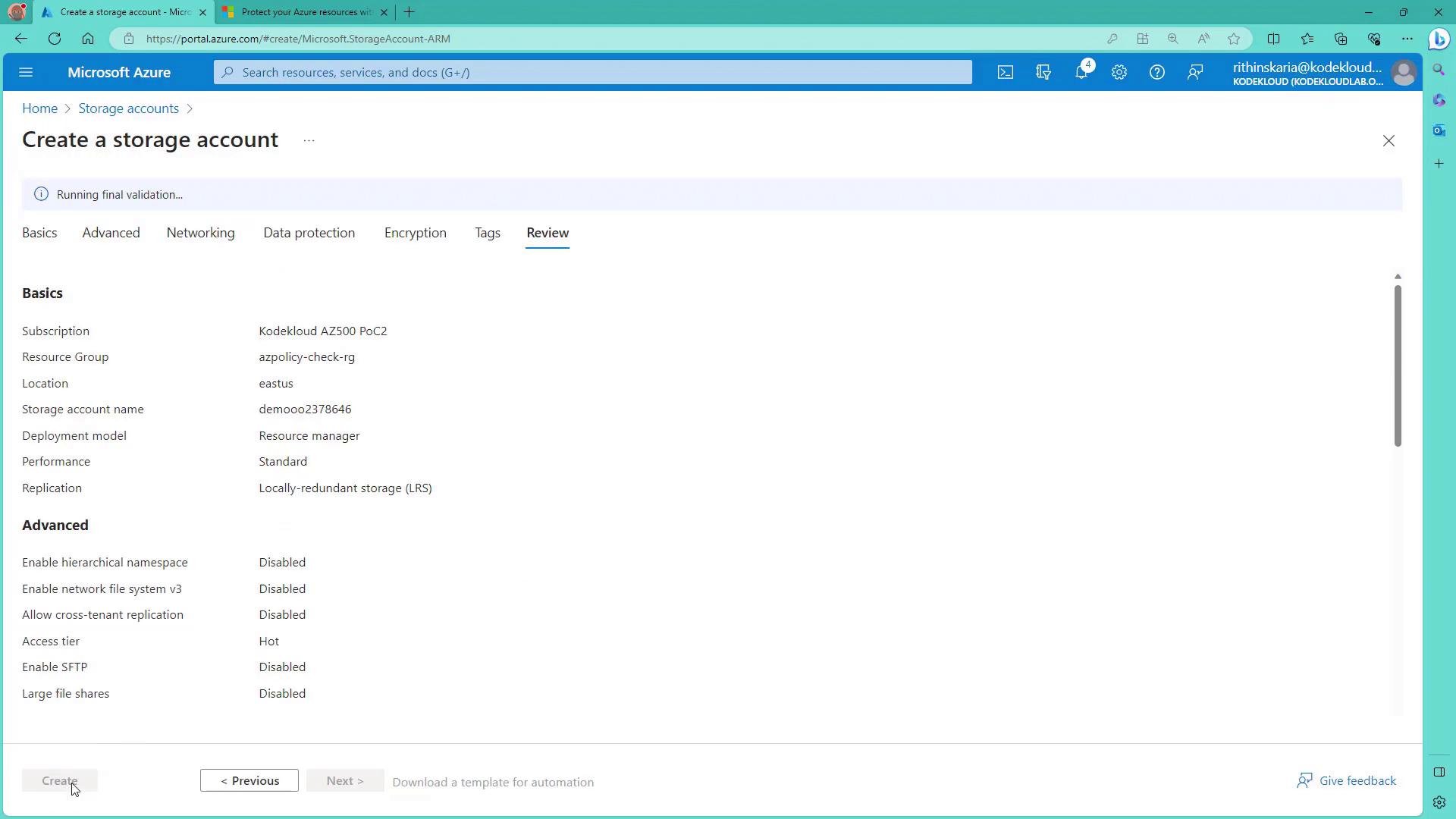 The image shows a Microsoft Azure portal page for creating a storage account, displaying a review of the configuration settings before finalizing the creation.