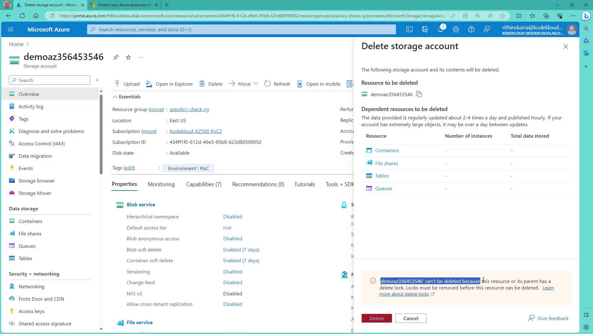 The image shows a Microsoft Azure portal interface with details of a storage account named "demoaz356453546" and a dialog box for deleting the storage account, which cannot be deleted due to a delete lock.