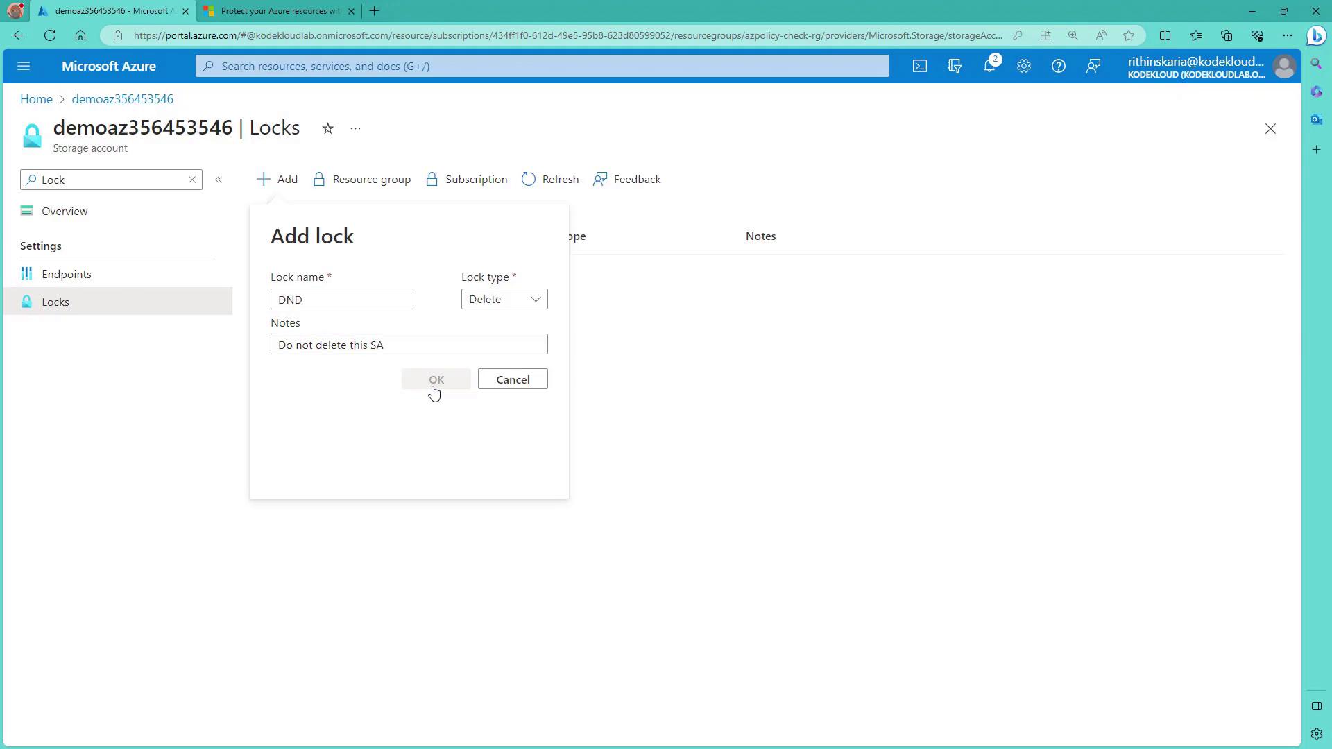 The image shows a Microsoft Azure portal interface where a user is adding a lock to a storage account, with options for lock name, type, and notes.