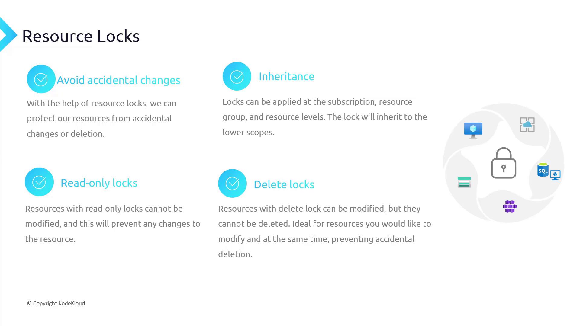 The image is an informational graphic about resource locks, detailing their benefits such as avoiding accidental changes, inheritance, read-only locks, and delete locks. It includes icons representing different types of resources and a lock symbol.