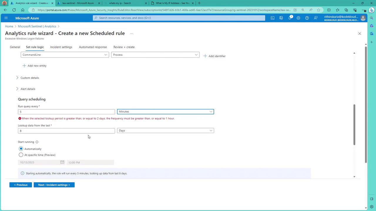The image shows a Microsoft Azure interface for creating a new scheduled analytics rule, specifically for excessive Windows logon failures. It includes options for setting query scheduling and alert details.