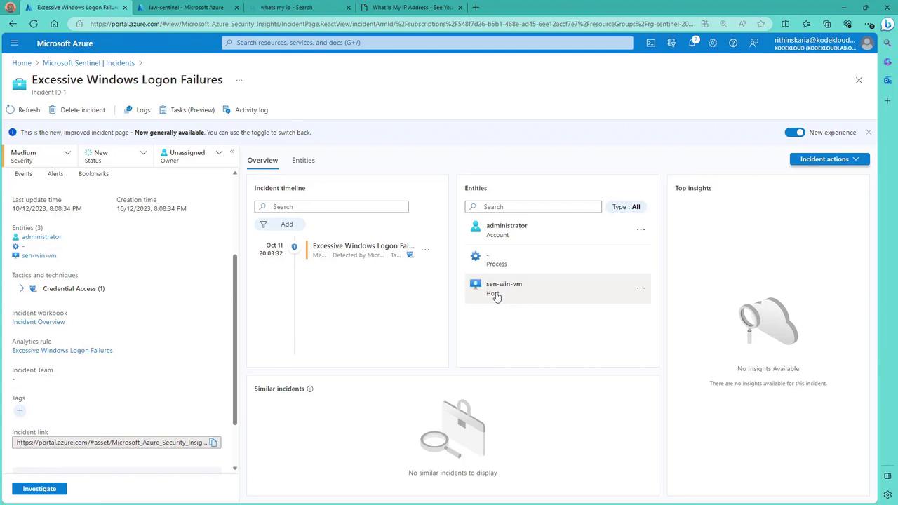 The image shows a Microsoft Azure Sentinel dashboard displaying an incident titled "Excessive Windows Logon Failures," with details about the incident's severity, status, and entities involved.