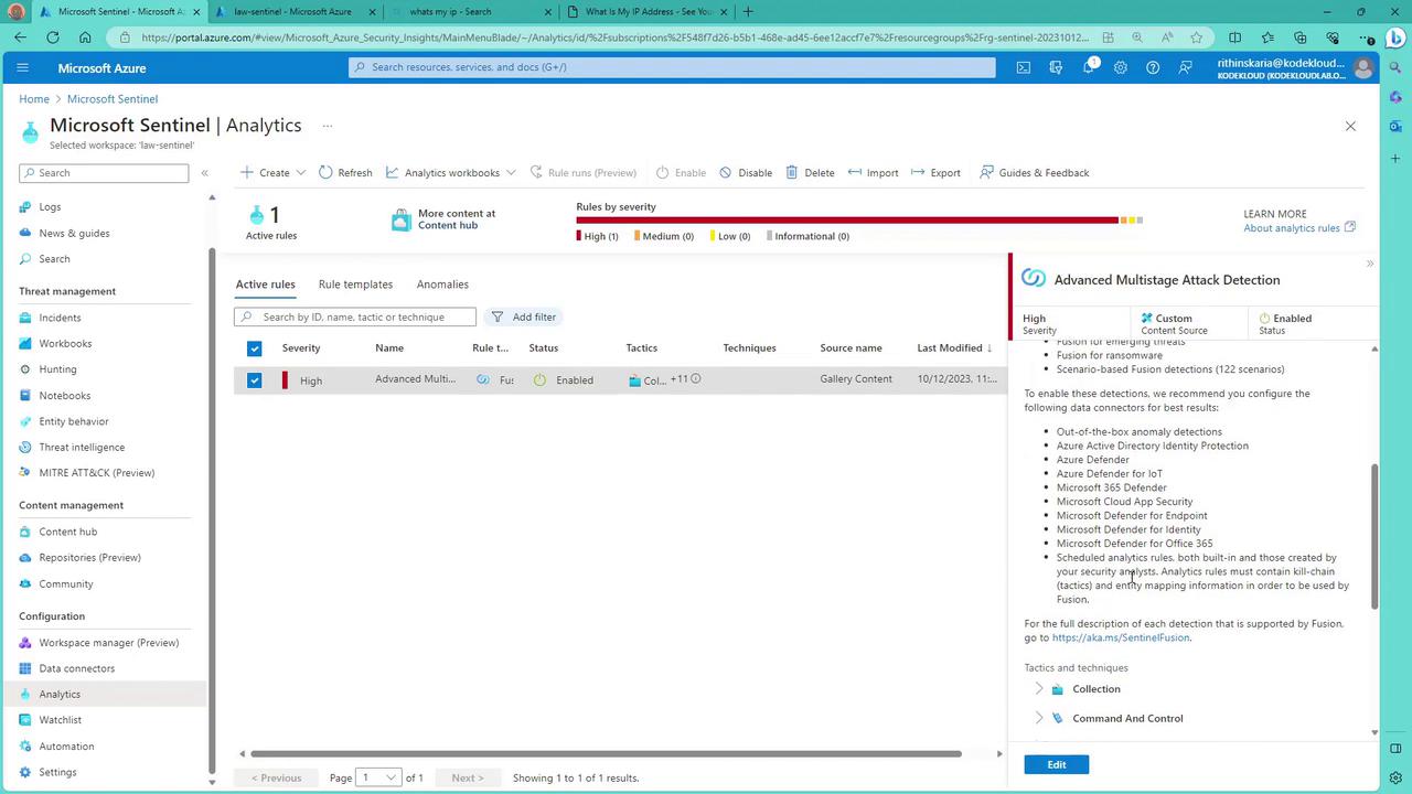 The image shows a Microsoft Sentinel Analytics dashboard with a focus on "Advanced Multistage Attack Detection" rules, highlighting a high-severity alert. The interface includes options for managing rules and viewing threat management features.
