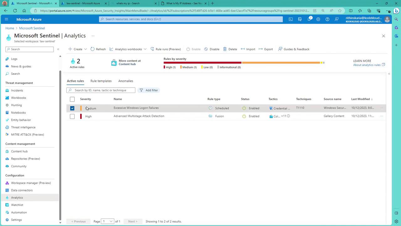 The image shows a Microsoft Sentinel Analytics dashboard with active rules listed, including "Excessive Windows Logon Failures" and "Advanced Multistage Attack Detection," each with their severity, status, and other details.