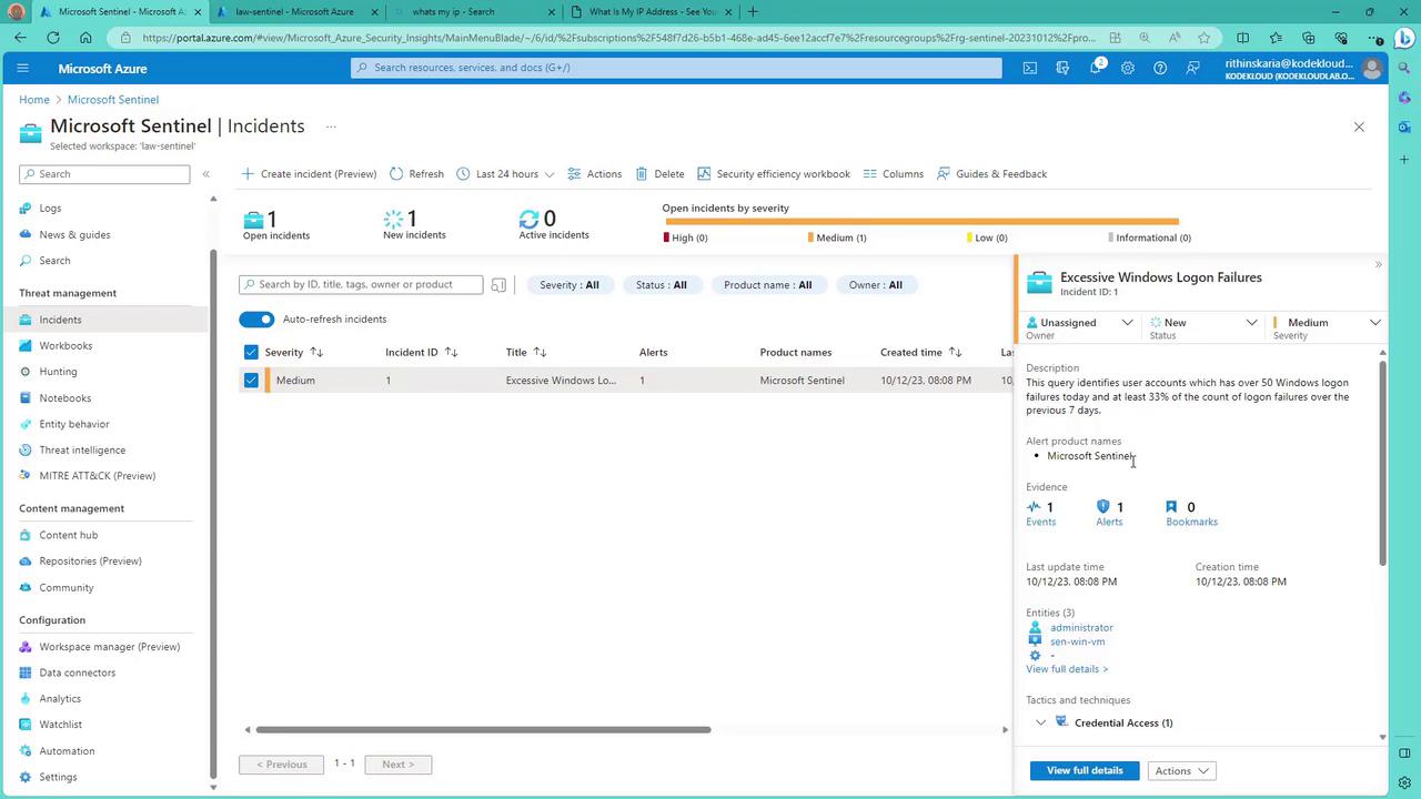 The image shows a Microsoft Sentinel dashboard displaying an incident related to "Excessive Windows Logon Failures," with details about severity, alerts, and evidence.