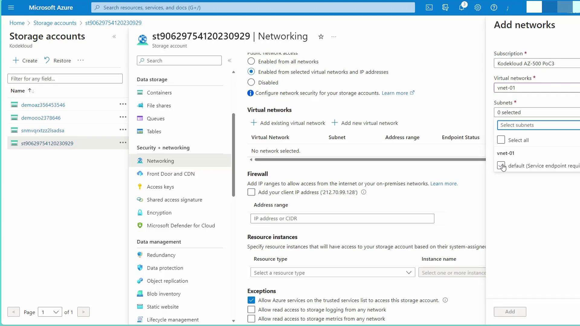 The image shows a Microsoft Azure portal interface focused on networking settings for a storage account. It includes options for configuring virtual networks, firewalls, and exceptions.