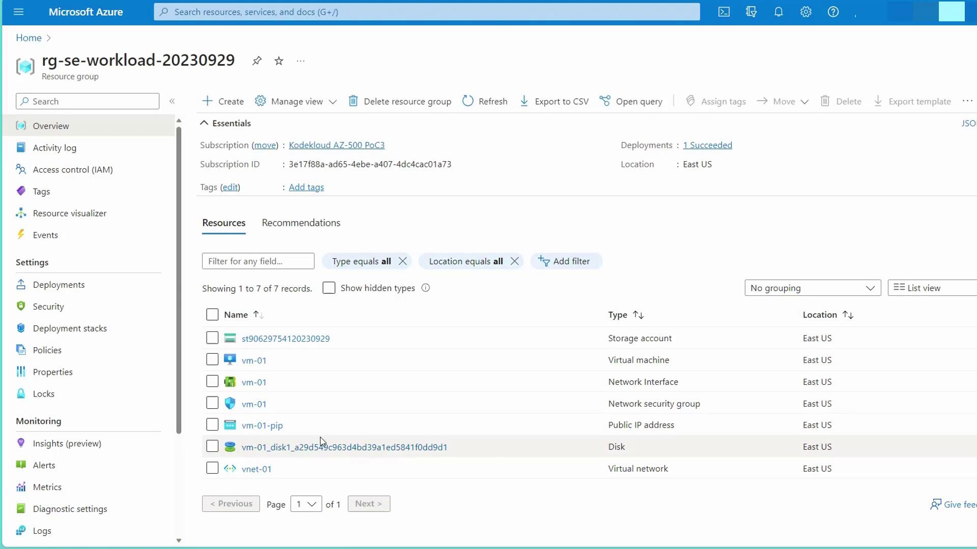 The image shows a Microsoft Azure portal interface displaying a resource group named "rg-se-workload-20230929" with various resources listed, such as a storage account, virtual machine, and network components, all located in the East US region.