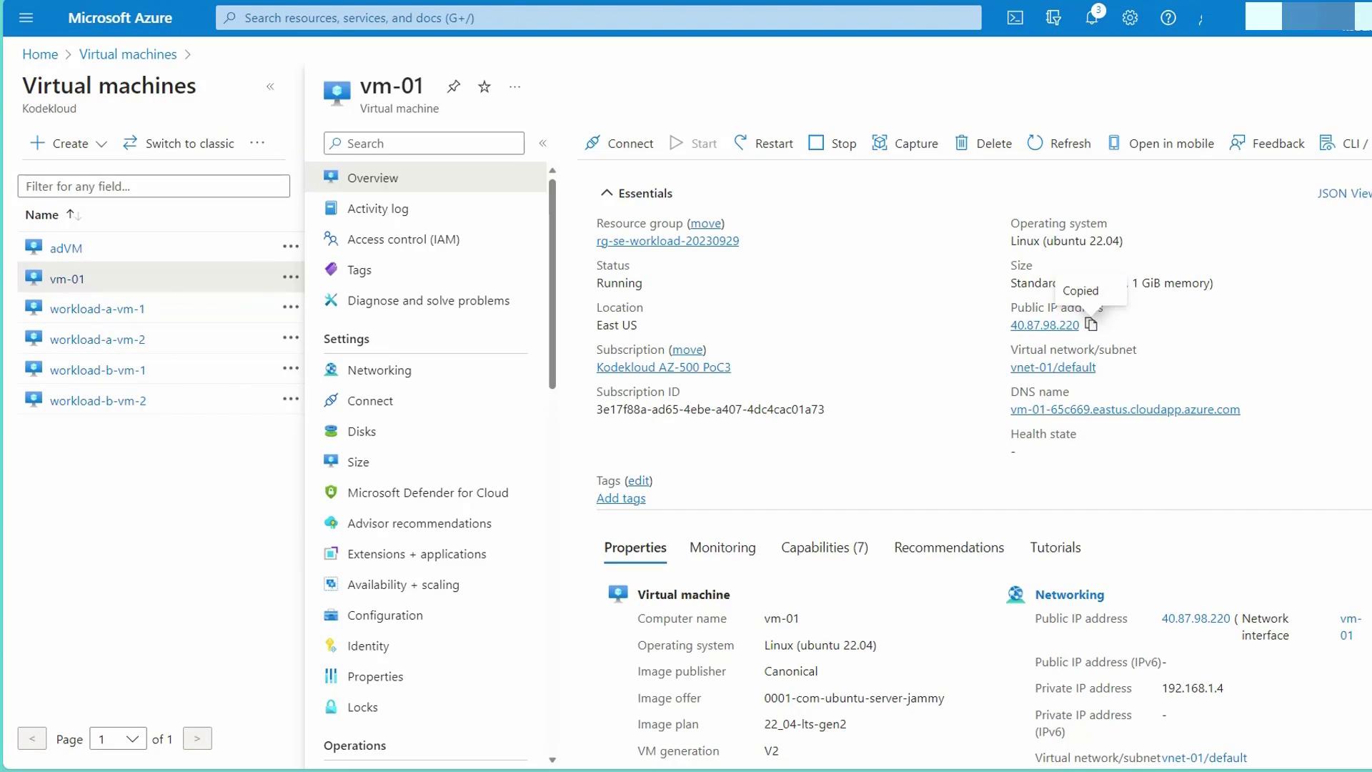 The image shows the Microsoft Azure portal interface displaying details of a virtual machine named "vm-01," including its status, location, operating system, and network information.