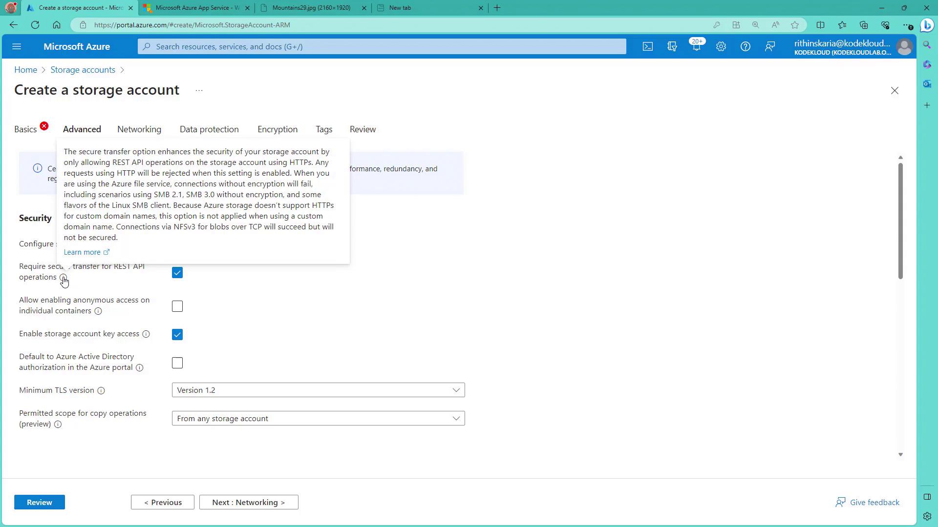 The image shows a Microsoft Azure portal page for creating a storage account, specifically on the "Advanced" tab with security options and a tooltip explaining secure transfer settings.