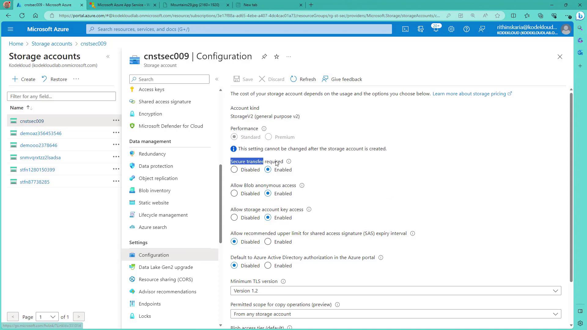 The image shows a Microsoft Azure portal interface, specifically the configuration settings for a storage account named "cnstsec009." Various options for data management and security settings are visible.