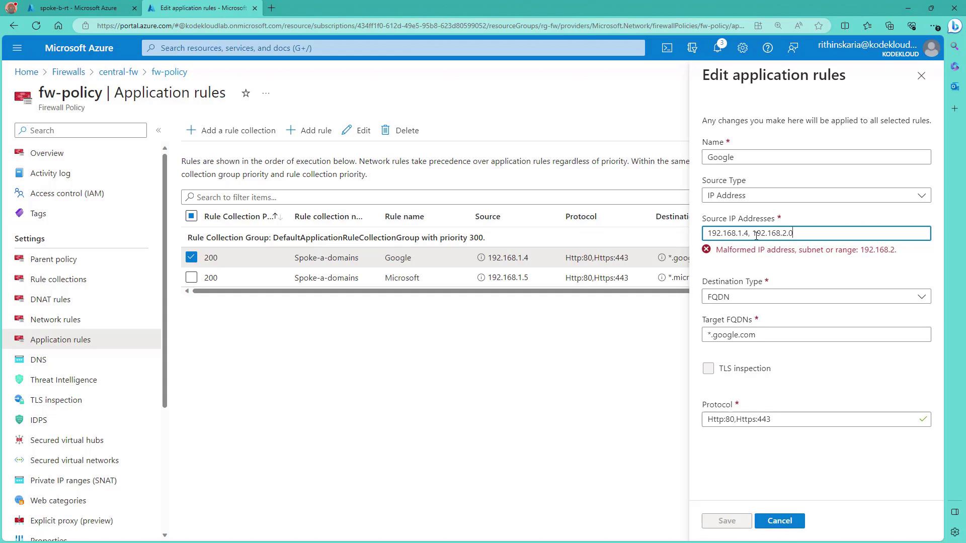 The image shows a Microsoft Azure portal interface for managing firewall application rules. It includes a list of rules with details like source IP addresses, protocols, and target FQDNs, and an error message indicating a malformed IP address.