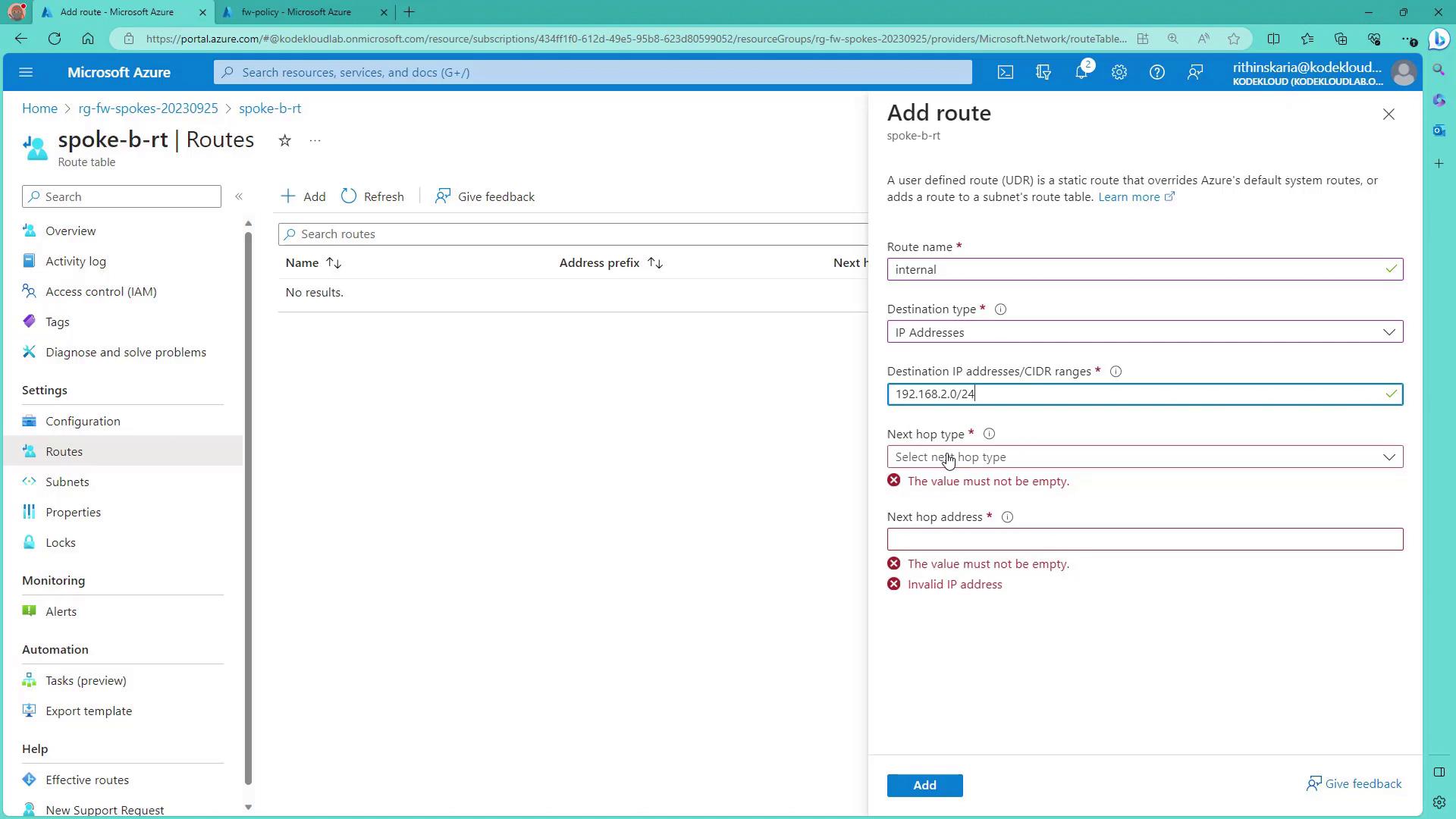 The image shows a Microsoft Azure portal interface where a user is adding a route to a route table. The form requires details like route name, destination type, and next hop type, with some fields showing validation errors.