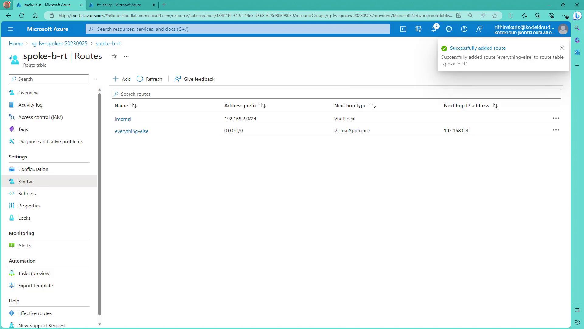 The image shows a Microsoft Azure portal displaying a route table named "spoke-b-rt" with two routes listed: "internal" and "everything-else." A notification indicates a route was successfully added.