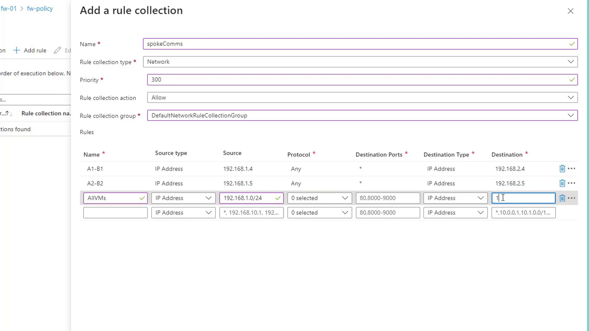 The image shows a network rule configuration interface where a rule collection named "spokeComms" is being added, with specific IP addresses and ports set for network traffic management.