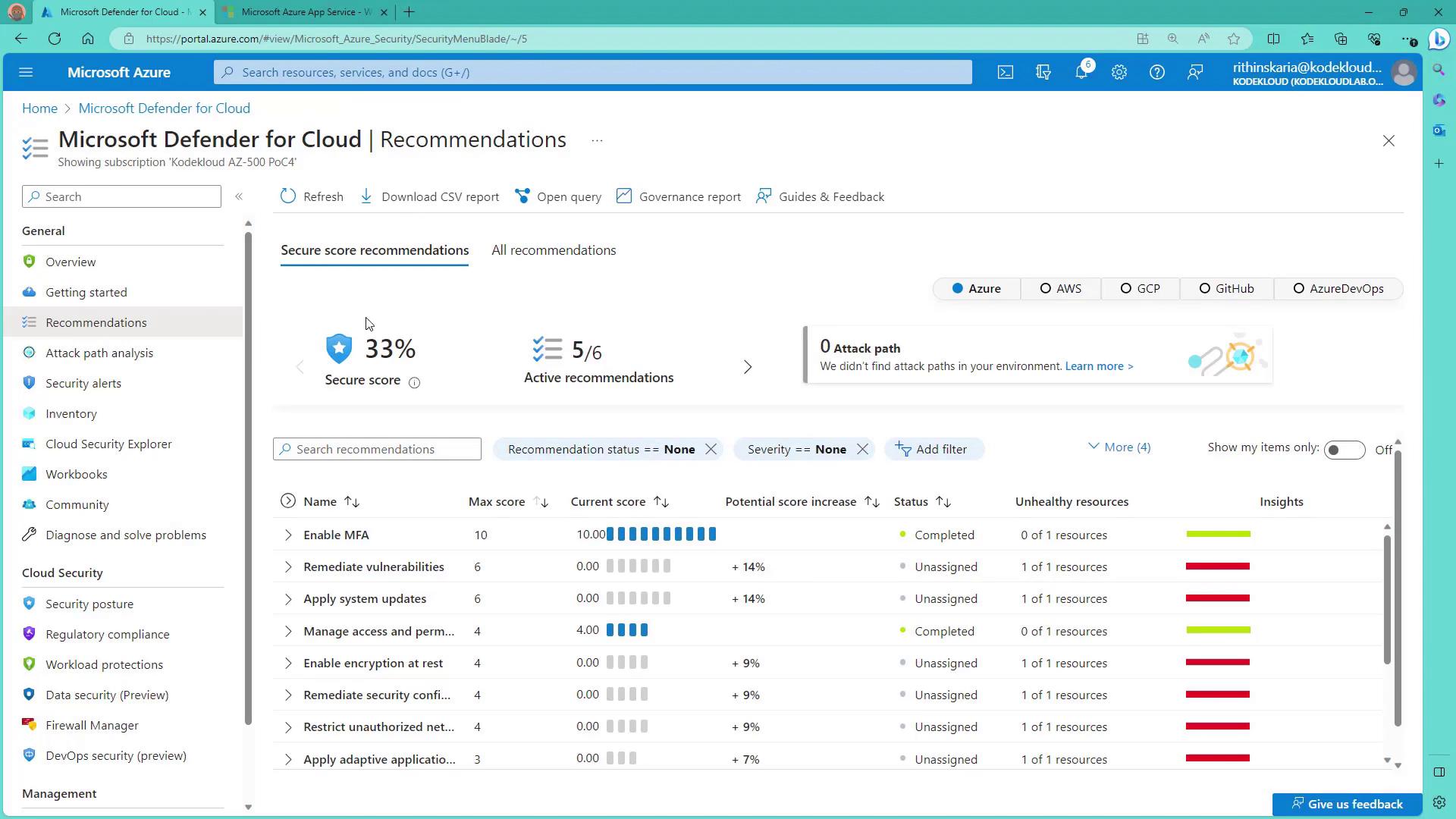 The image shows a Microsoft Azure portal screen displaying the "Microsoft Defender for Cloud" recommendations. It includes a secure score of 33% and lists various security recommendations with their statuses and potential score increases.