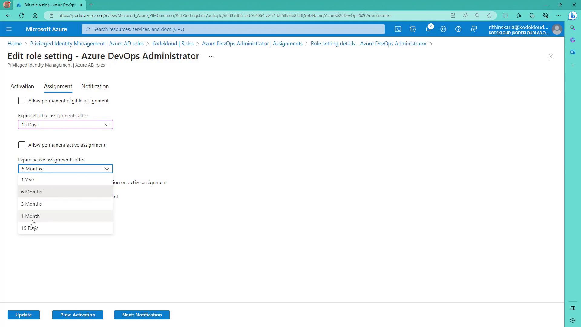 The image shows the Azure portal interface for editing role settings of an Azure DevOps Administrator, focusing on assignment expiration settings. Options for expiring eligible and active assignments are visible, with dropdown menus for selecting time durations.
