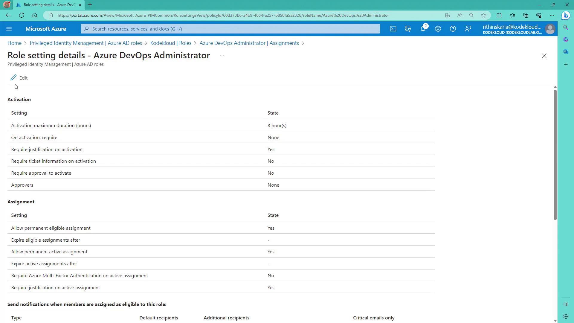 The image shows the role setting details for an Azure DevOps Administrator in the Microsoft Azure portal, including activation and assignment settings.