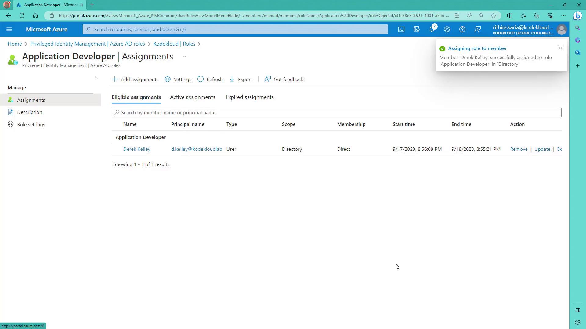 The image shows the Microsoft Azure portal, specifically the "Application Developer" role assignments page. It lists a user named Derek Kelley who has been assigned the role with a direct membership in the directory.