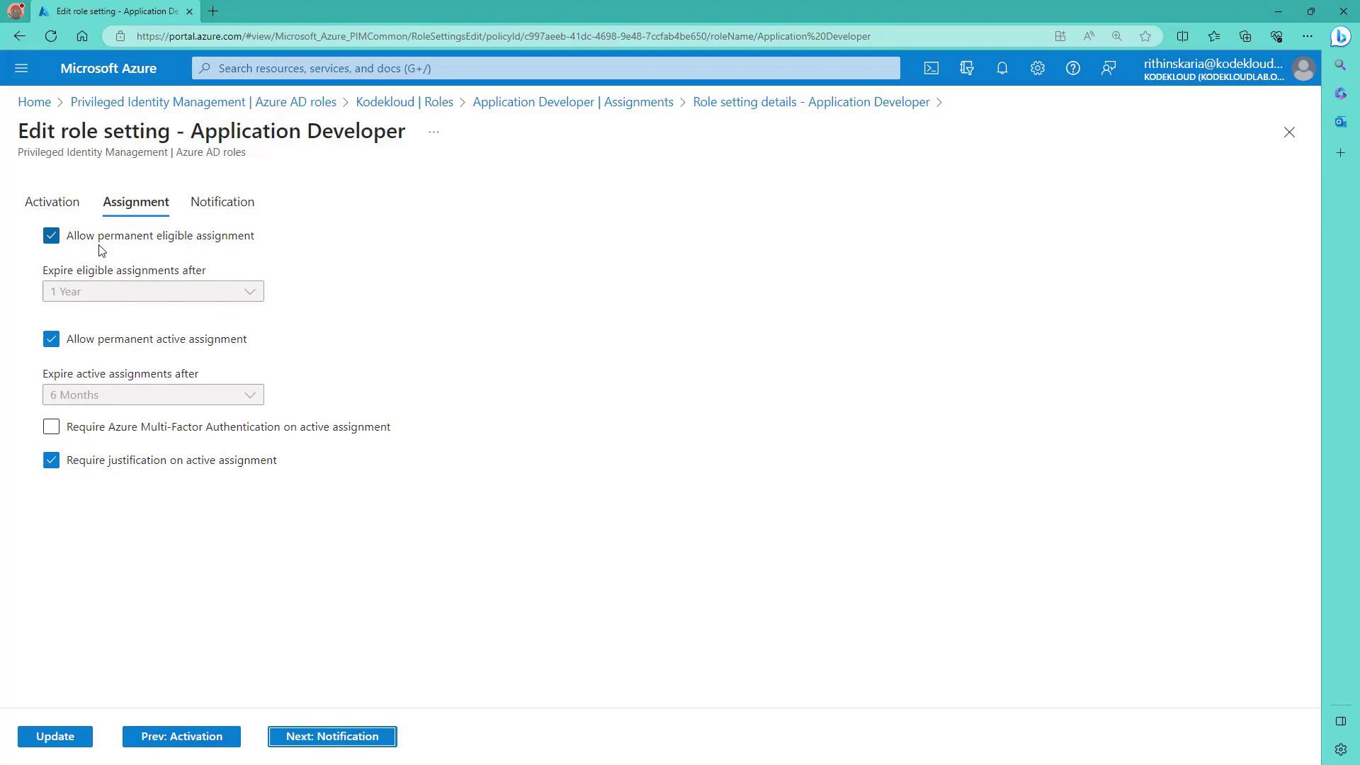 The image shows a Microsoft Azure portal page for editing role settings for an "Application Developer," with options for assignment and notification settings. It includes checkboxes for allowing permanent assignments and requiring justification.