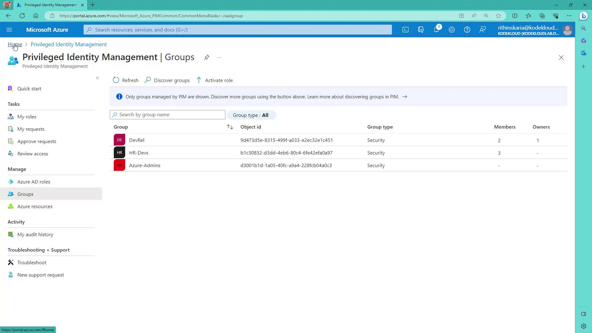 The image shows a Microsoft Azure portal page for Privileged Identity Management, displaying a list of security groups with details like group name, object ID, group type, members, and owners.