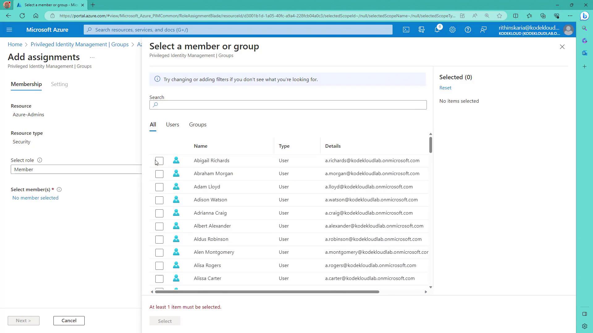The image shows a Microsoft Azure portal interface for selecting a member or group in Privileged Identity Management. It lists users with their names, types, and email details for assignment to a security role.