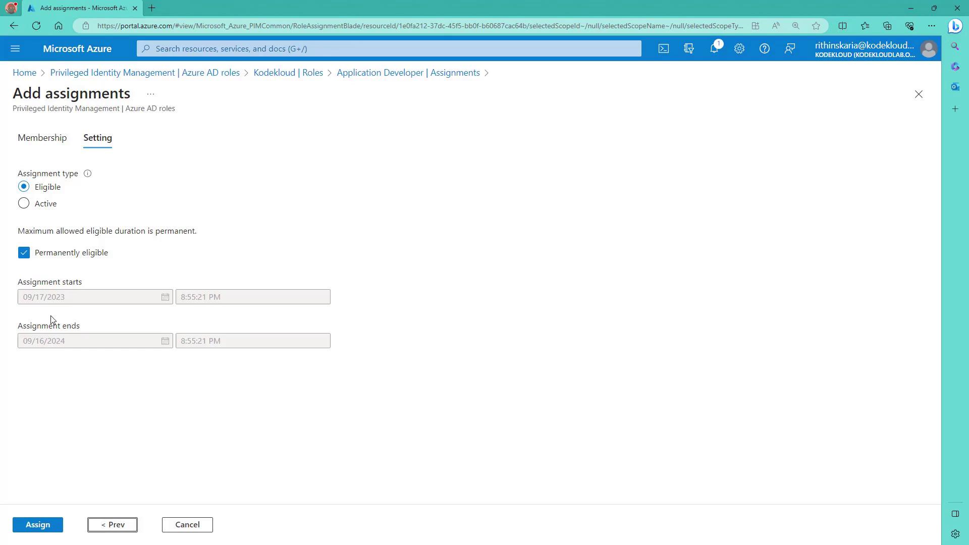 The image shows a Microsoft Azure portal page for adding assignments in Privileged Identity Management. It includes options for setting assignment type, eligibility, and start and end dates.