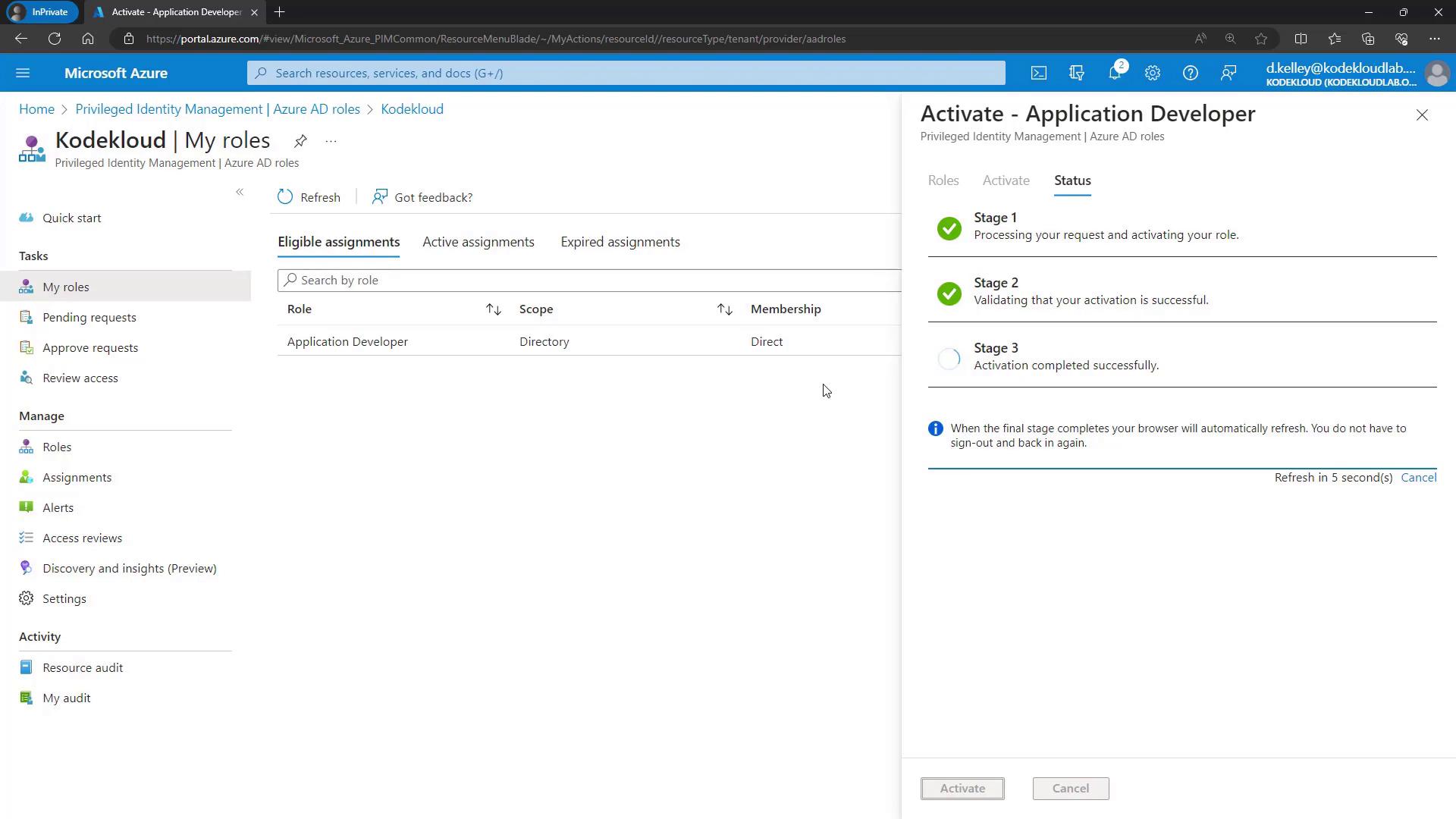 The image shows a Microsoft Azure portal interface for Privileged Identity Management, specifically the "My roles" section for an Application Developer. It displays the activation status of a role with stages indicating progress.